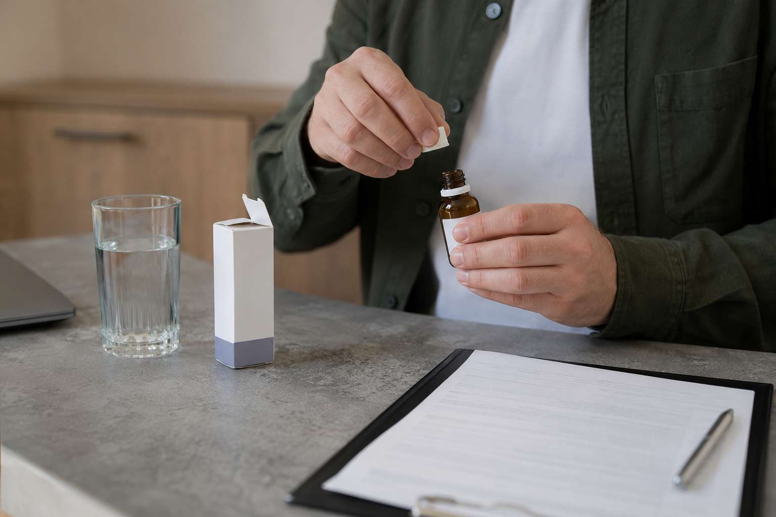 Врач готовит материалы для кодирования от алкоголизма каплями Колме